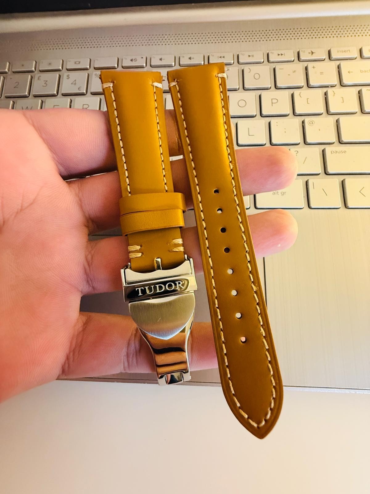 Tudor 22mm Light Brown Leather Watch Strap With Silver Deployment Clasp Solid