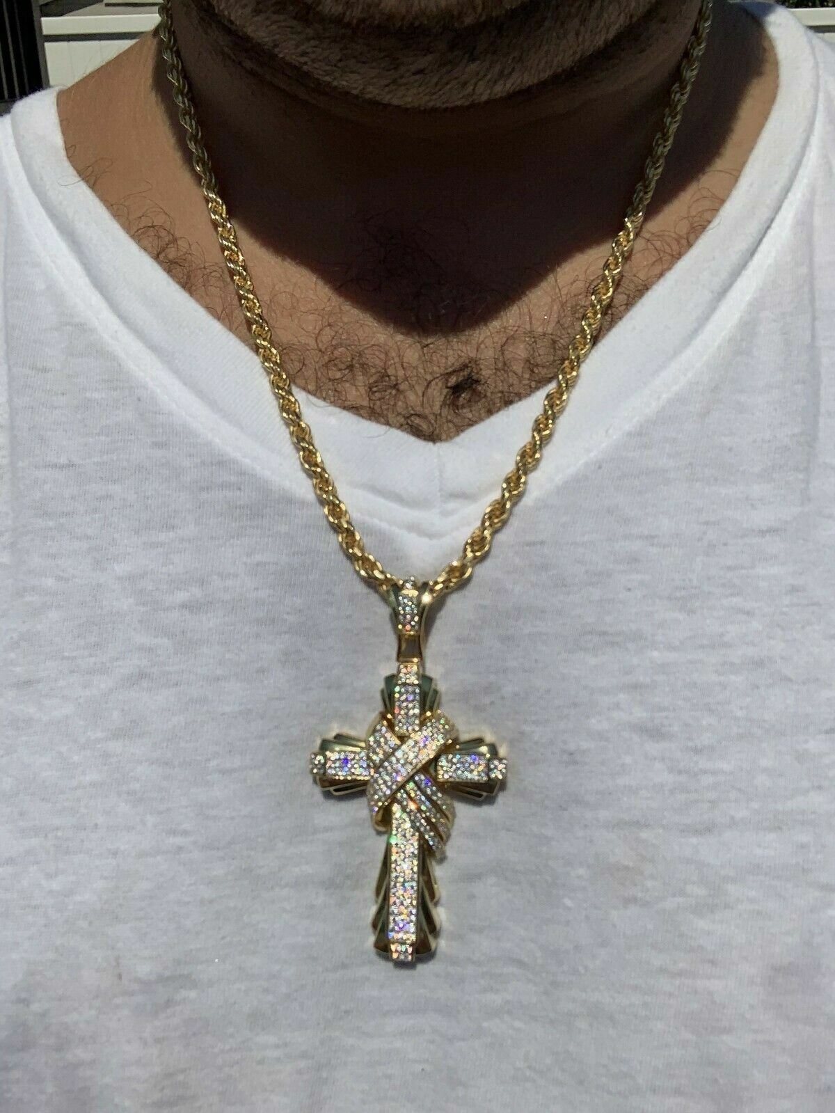 Mens Large Cross Pendant Solid 925 Sterling Silver 14k Gold Plated ICY HipHop CZ