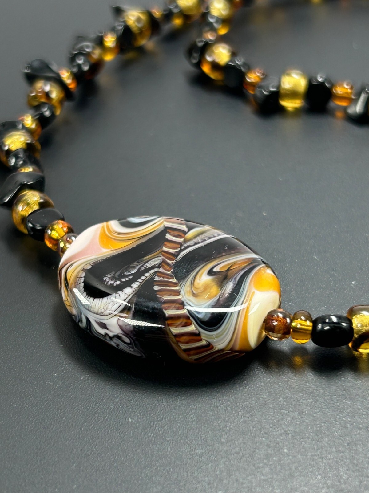 925 Glass Beaded Necklace Earrings Set Swirled Orange Amber Brown Black White