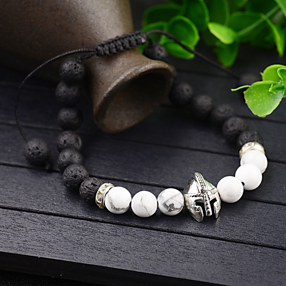 Men’s Helmet Braided Bracelets 8mm Natural Stone Lava Rock Adjustable Bracelets