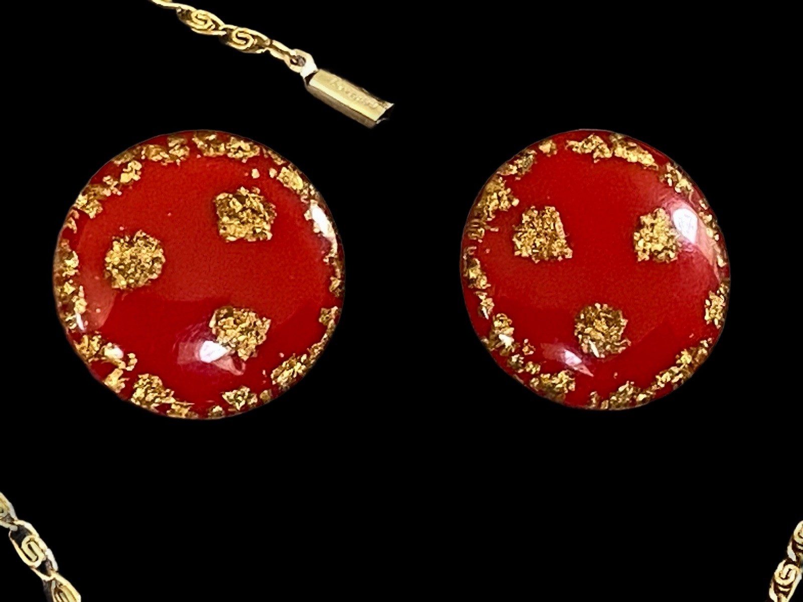 Vintage West Germany Red Resin & Gold Foil Pendant Necklace & Earrings Set~1950s