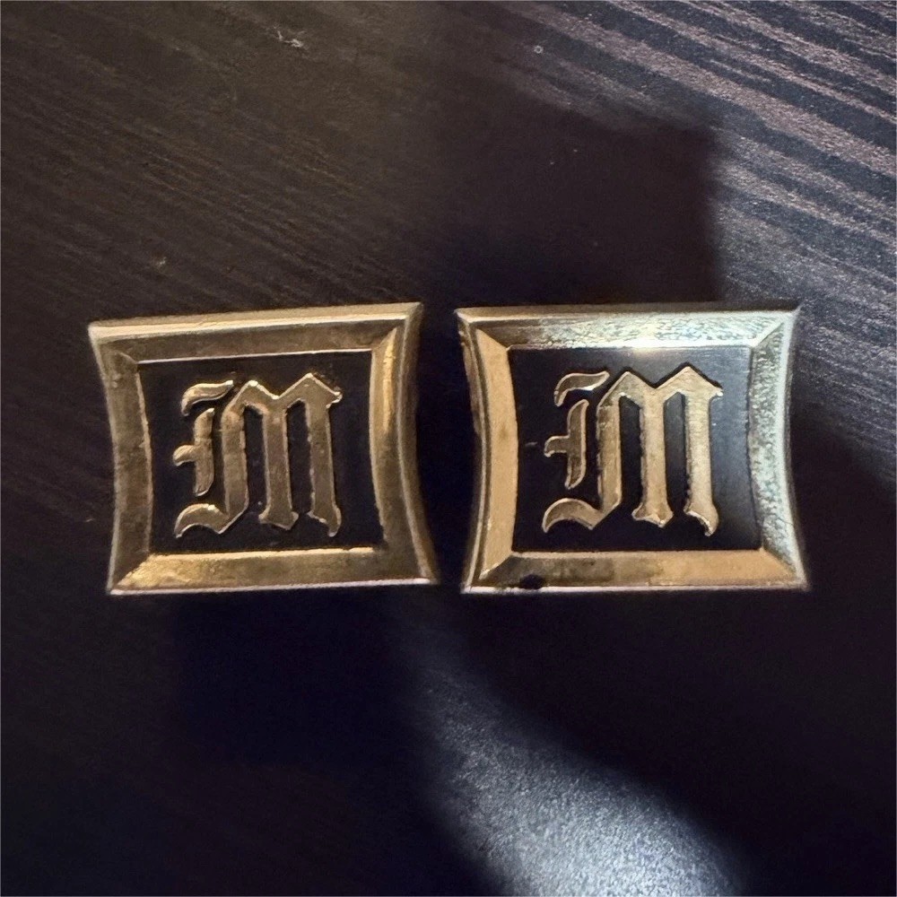 Vintage Old English Brass and Black Enamel Initial M Rectangle Men’s Cufflinks