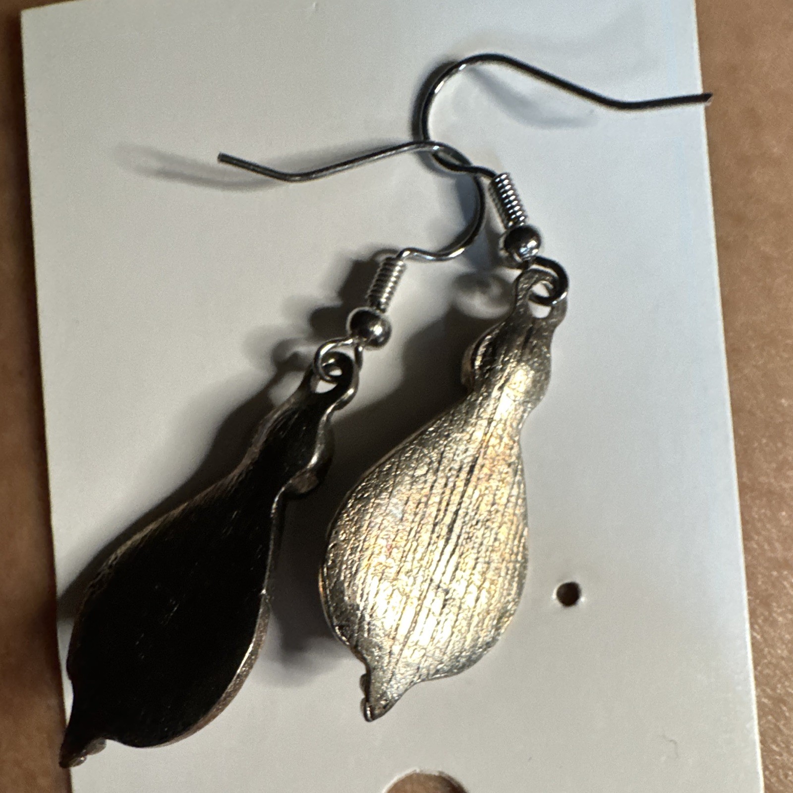 Silver Tone Teardrop Dangle Earrings Blue Cabochon Purple Accent Hook Bezel