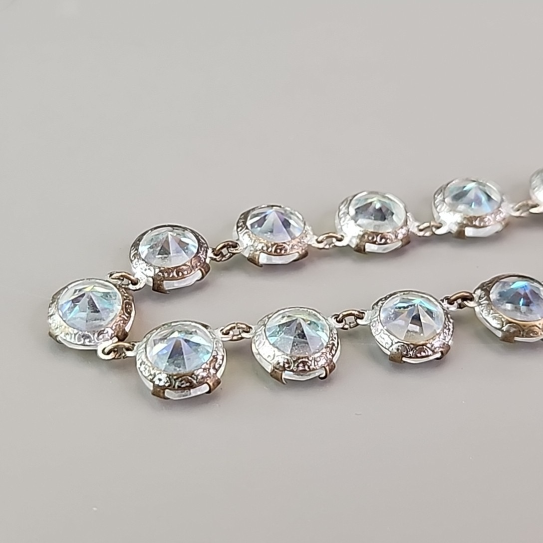 Vintage Open Bezel Necklace Aurora Borealis Round Linked Beads 17″