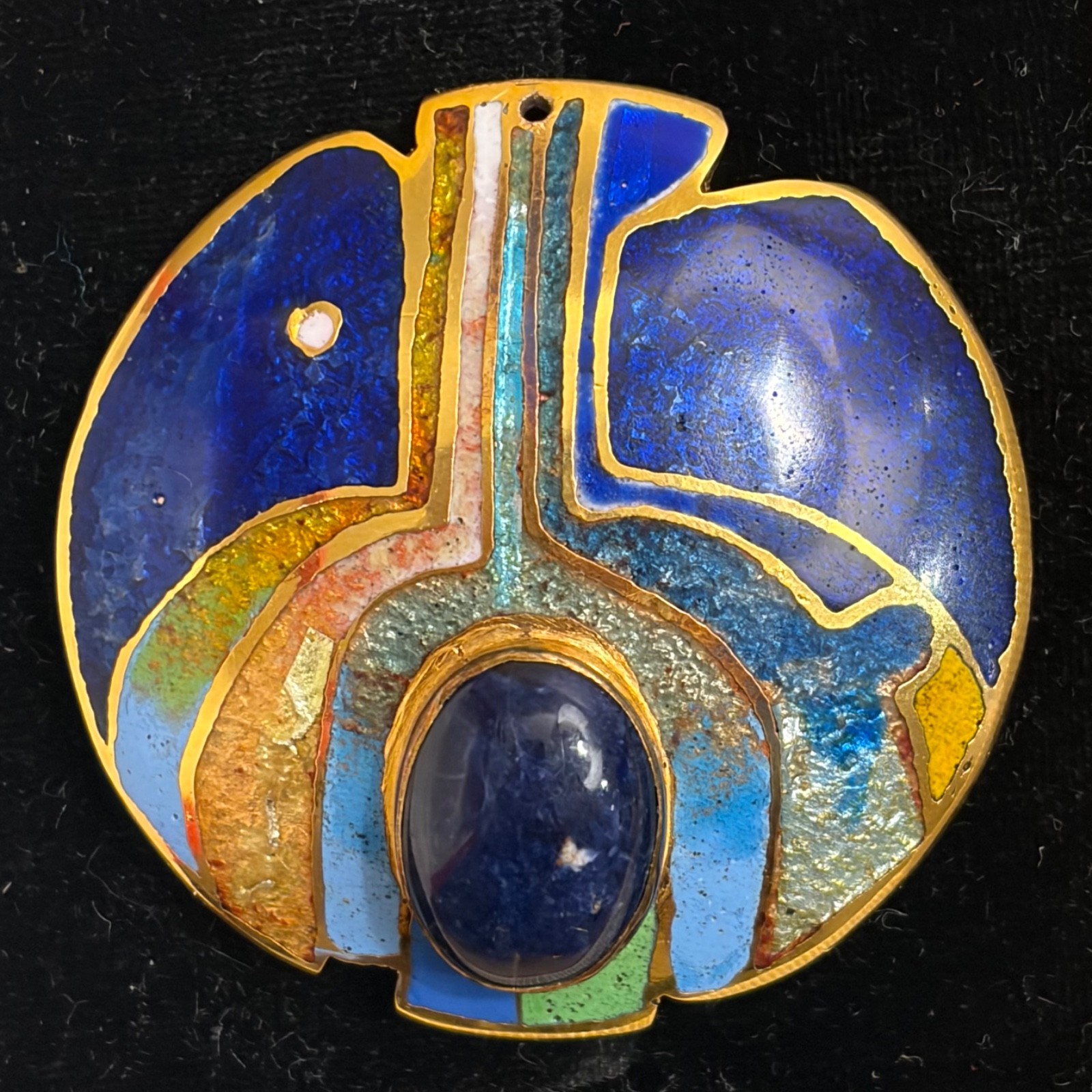 Vintage David Kuo Champleve Enamel Signed Abstract Modernist Oval Pendant