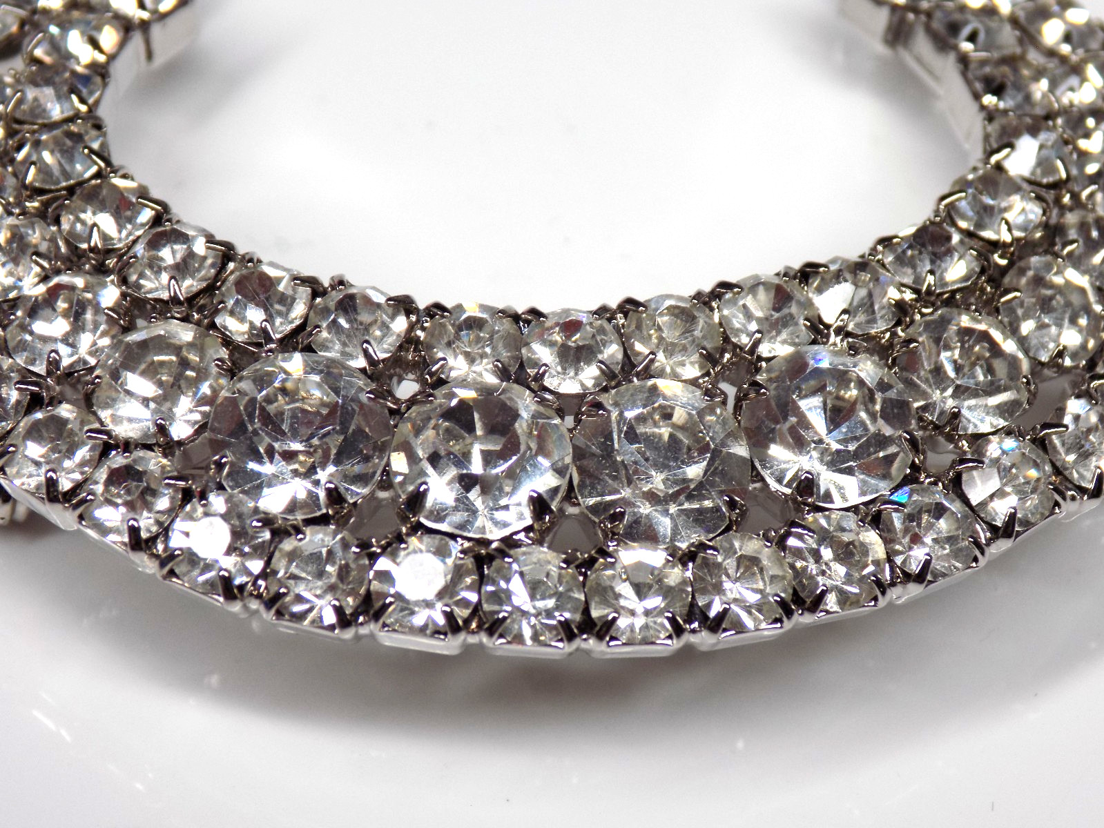 Vintage Big Rhinestone Brooch White Colorless Stones Silver-tone Crescent Moon