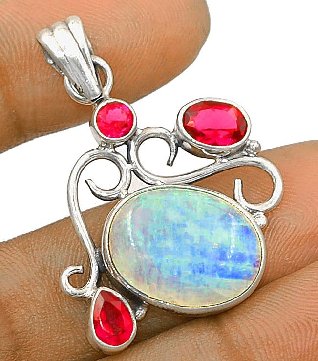 Natural Rainbow Moonstone & Tourmaline India 925 Sterling Silver Pendant,
