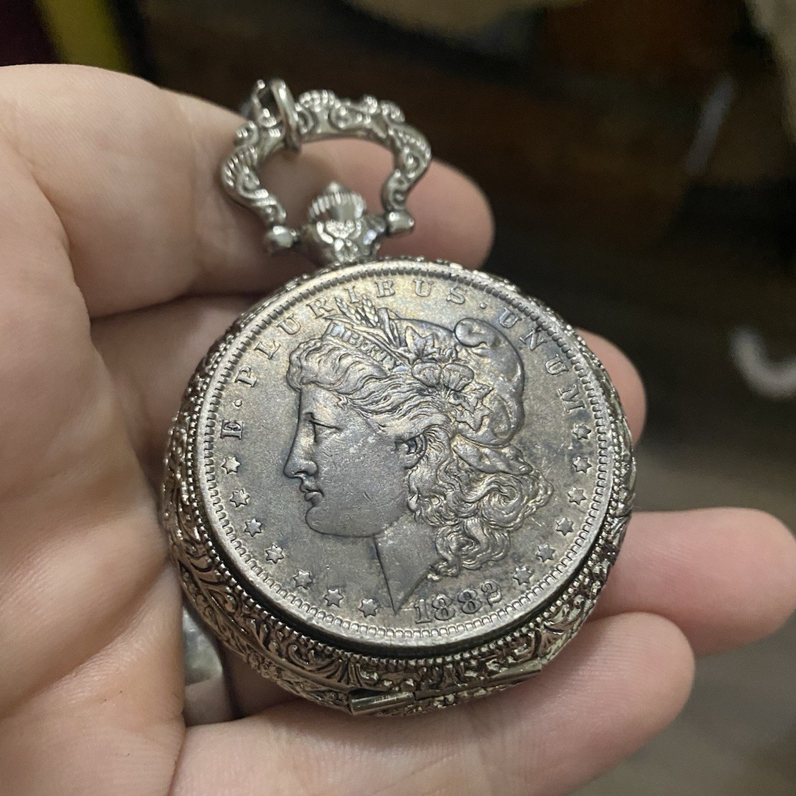 American Historic Society Quartz Full Hunter Pocket Watch Roman, Chain