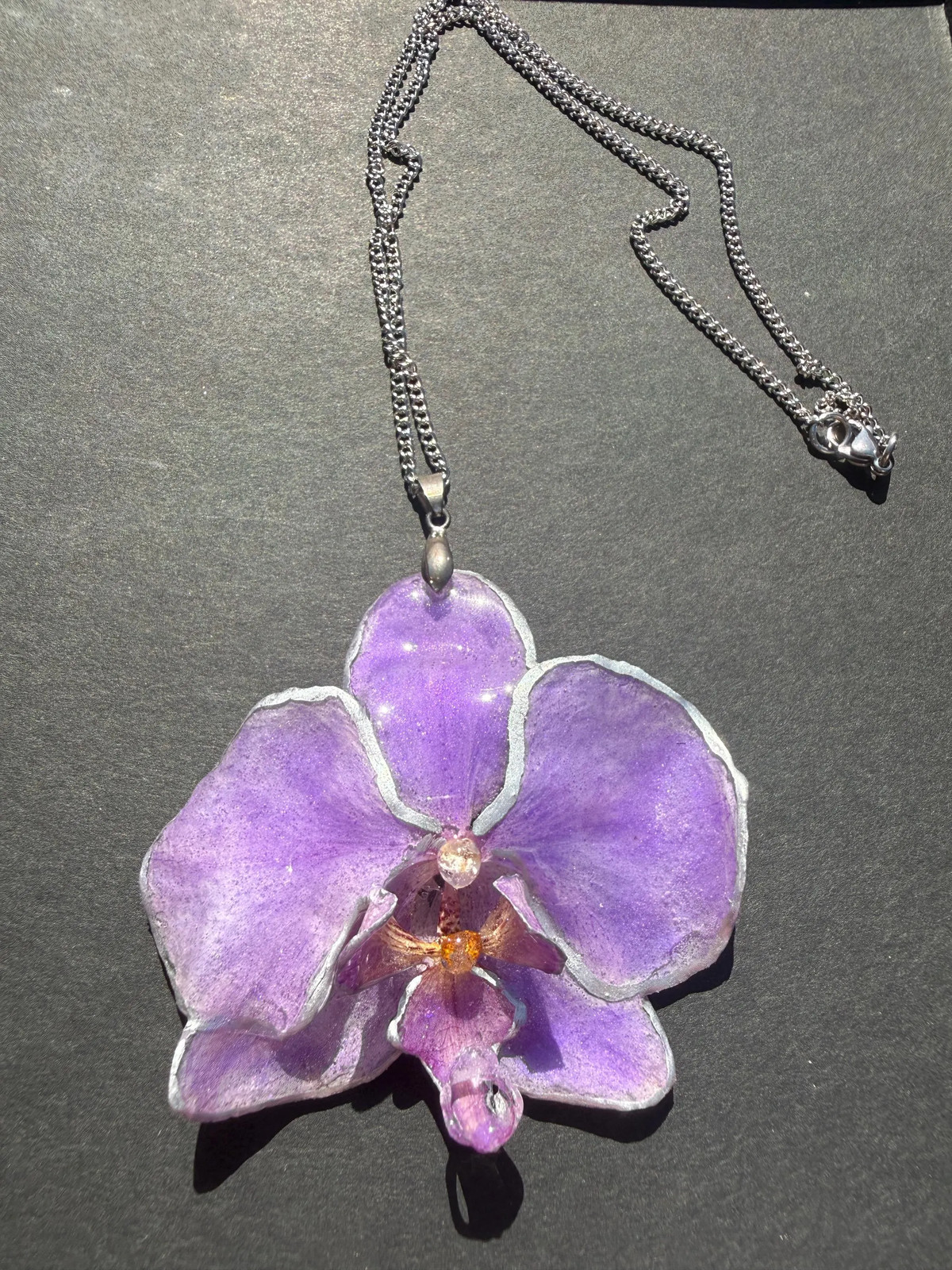 Real Orchid Necklace Preserved Flower Resin Pendant Stainless Steel Handmade