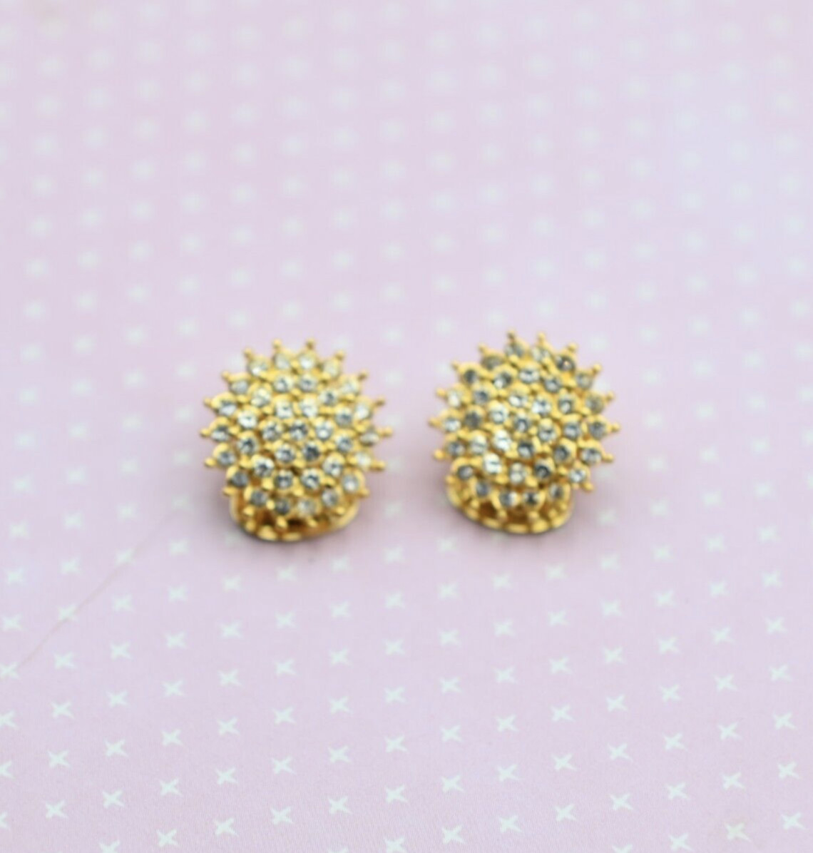 Nolan Miller Clear Crystal Rhinestone Pave Round Small Gold Plated Clip Earrings