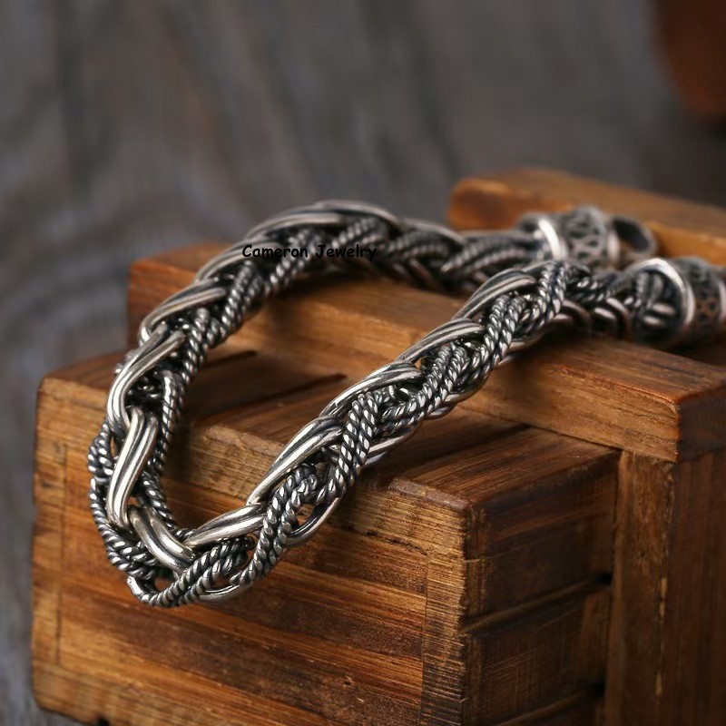 Pure S925 Sterling Silver Chain 6mm Braided Wheat Bracelet 34-35g 7.6inch