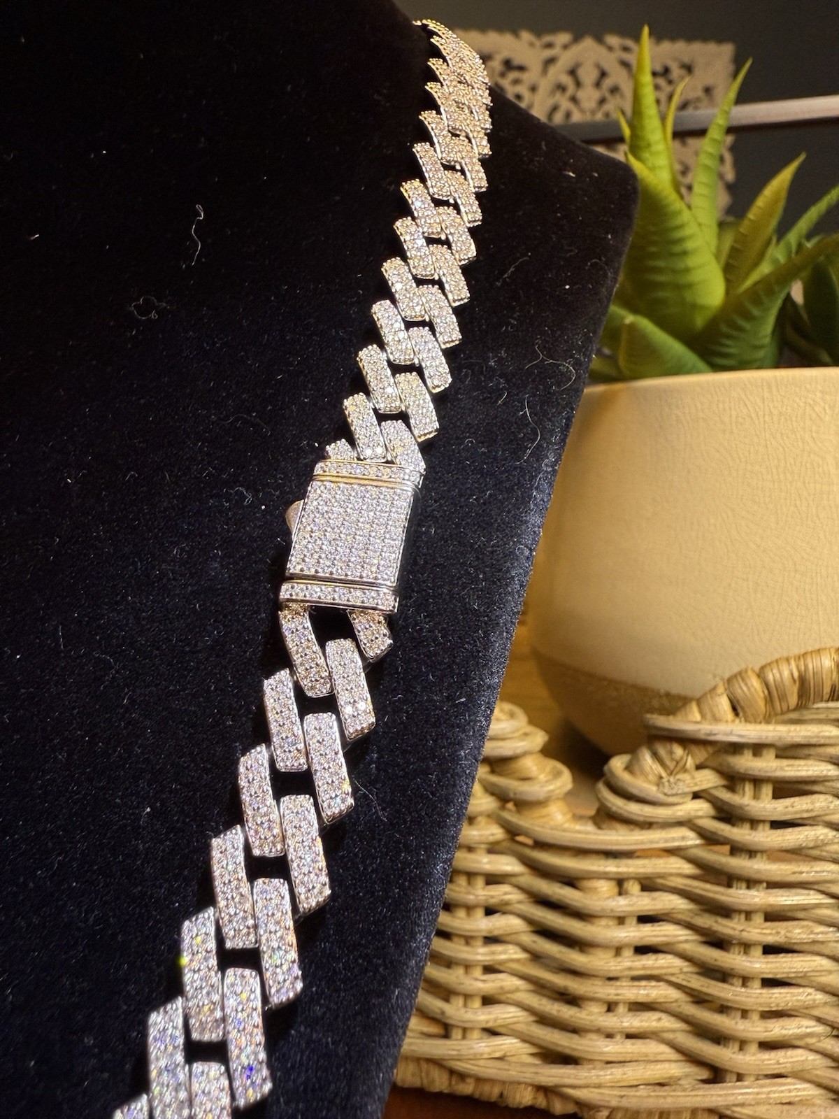 24” 12MM SOLID 925 Silver (~93g) Moissanite Miami Cuban Chain w Square Links