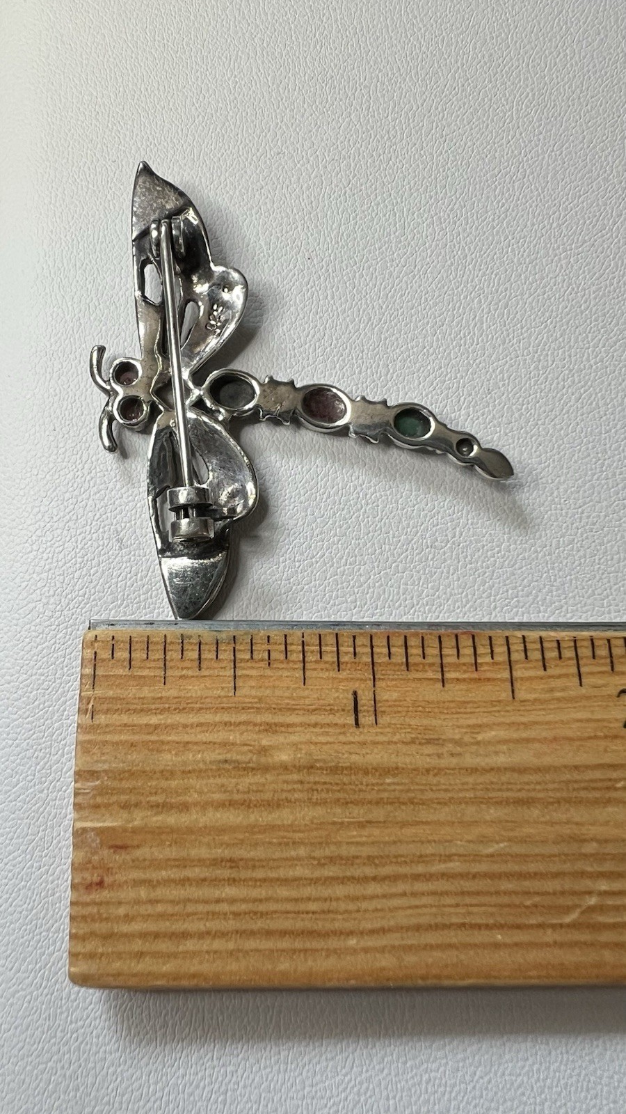 925 Silver Dragonfly Brooch Pin Enamel and Natural Stones Marcasite, 2.5 in