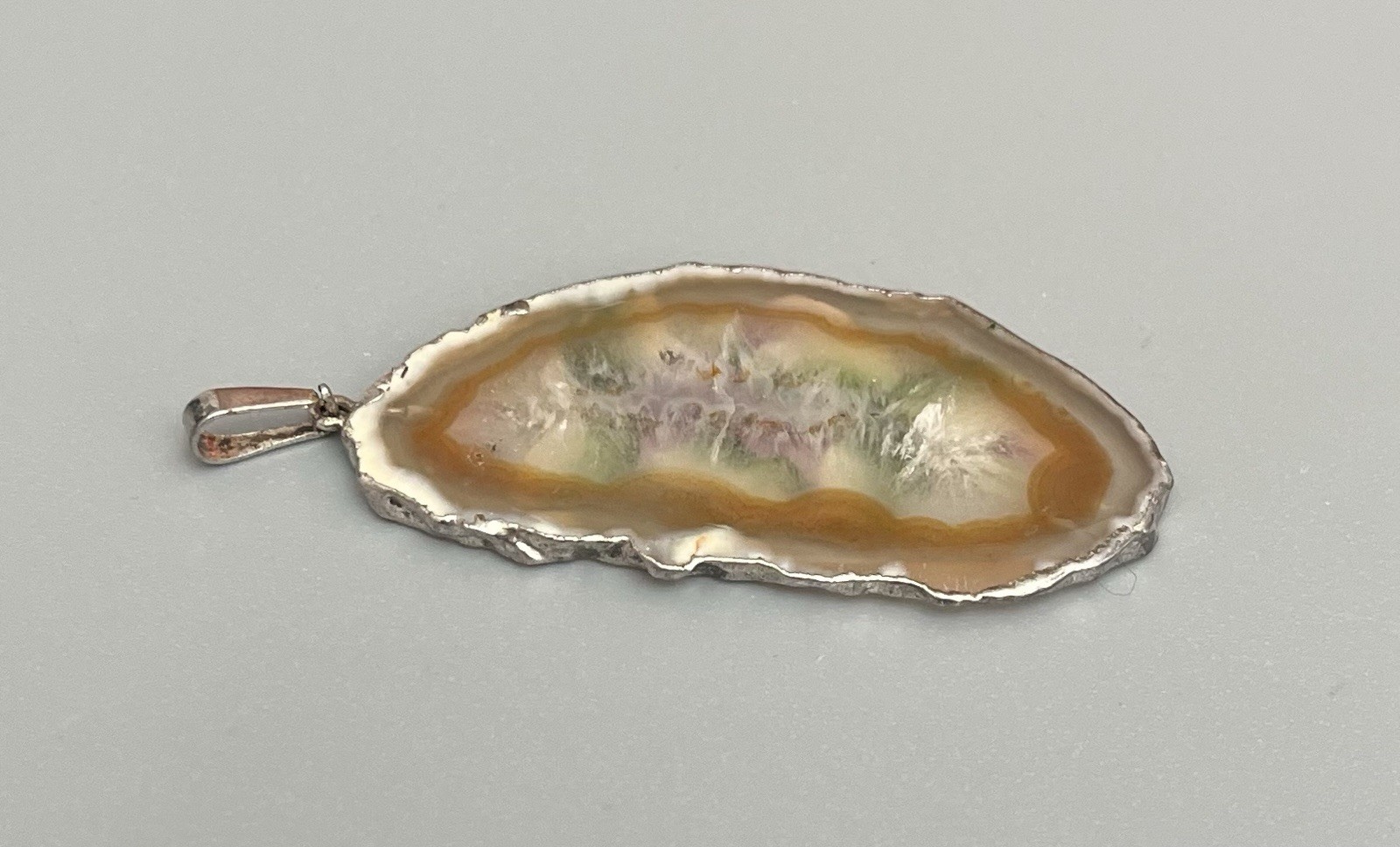 Vintage Hand Painted Translucent Agate Slice Pendant Purple Flowers Silver Tone
