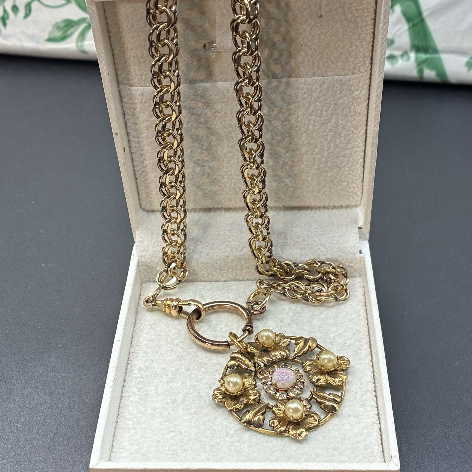 26g Vintage 12k Gold Filled Pocket Watch Chainmail Chain FOB Necklace, Faux Opal