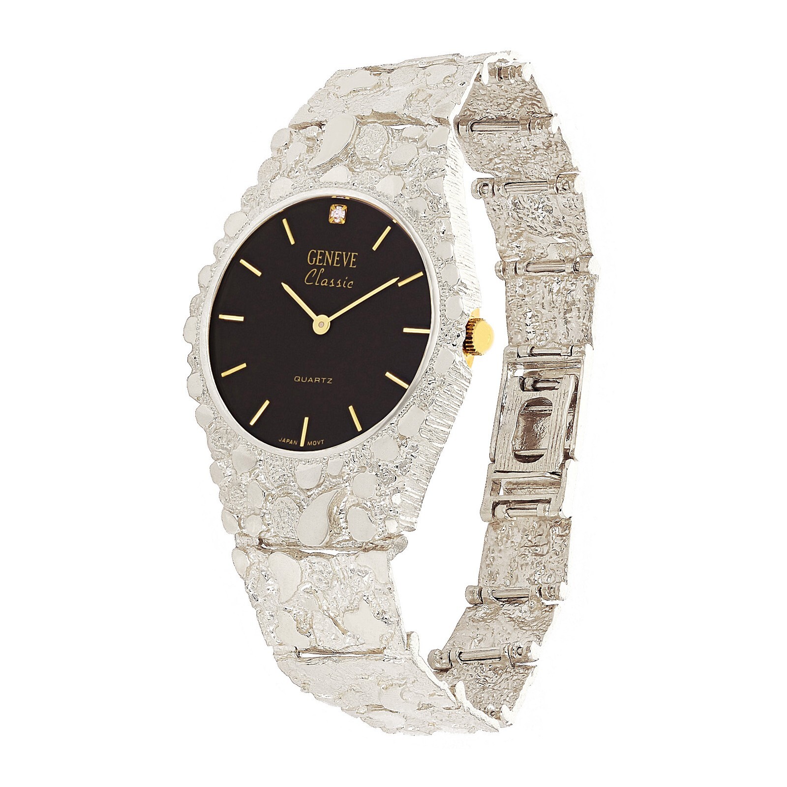 Sterling Silver Nugget Wrist Watch with Geneve Watch with Diamond 7.5″ 45 grams