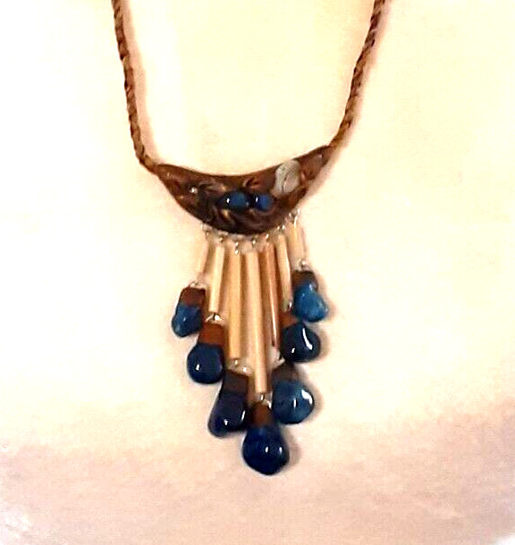Artisan crafted ethnic wearable art necklace leather wood bone shells stones 20″