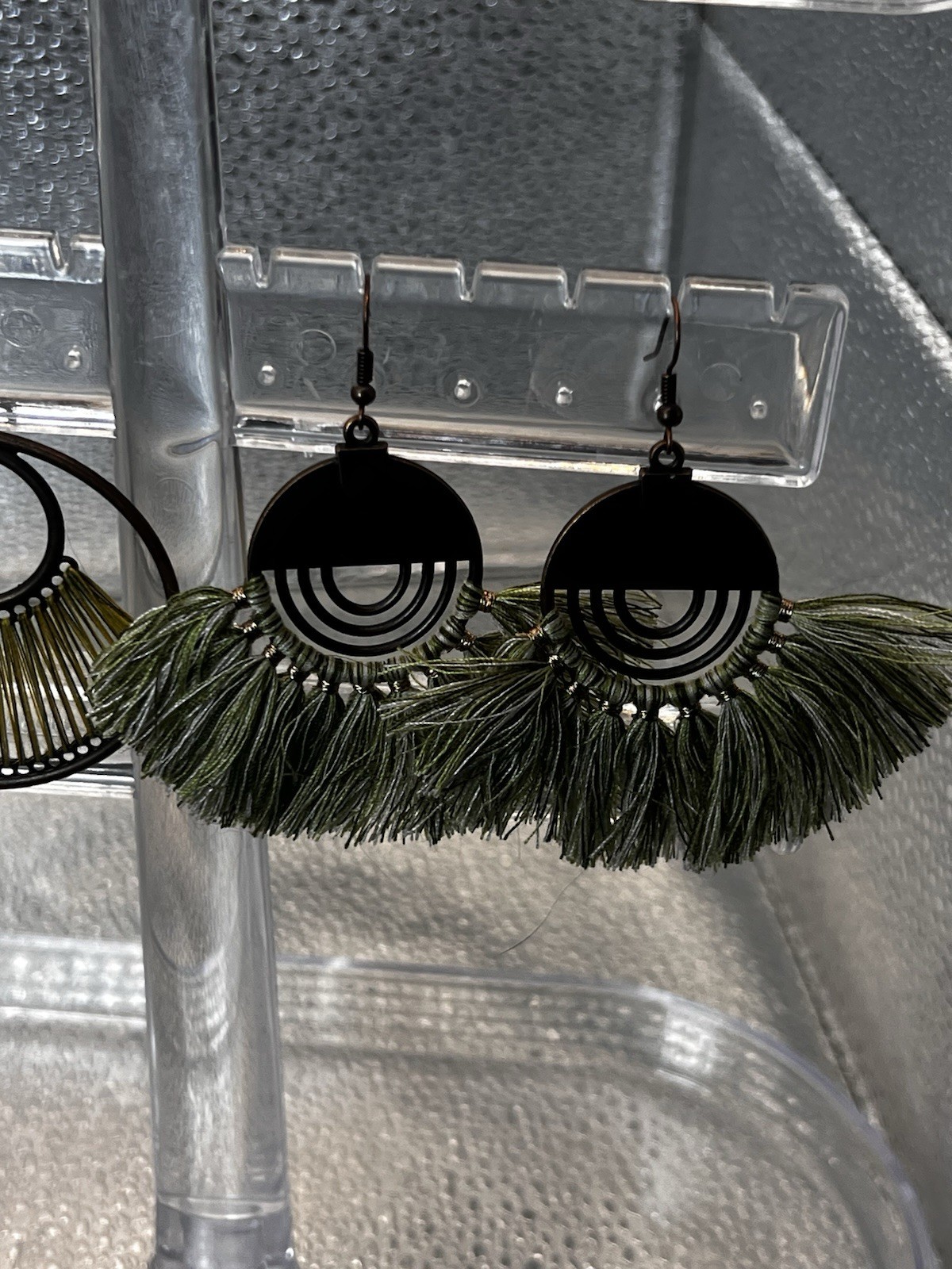 set of two pairs of black and olive green boho fringe and tassel earring
