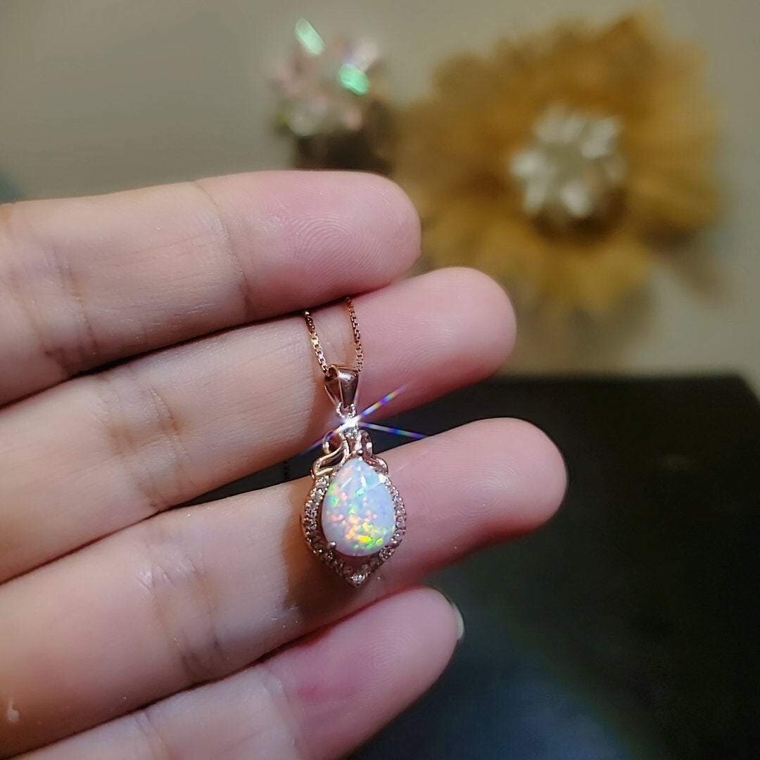 2Ct Pear Cut Fire Opal Teardrop Pendant Necklace Free Chain 14K Rose Gold Finish