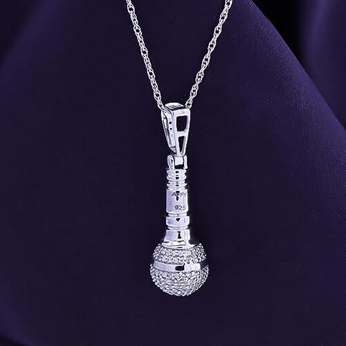 Microphone Pendant 18″ Necklace 925 Sterling Silver Round Cut Cubic Zirconia