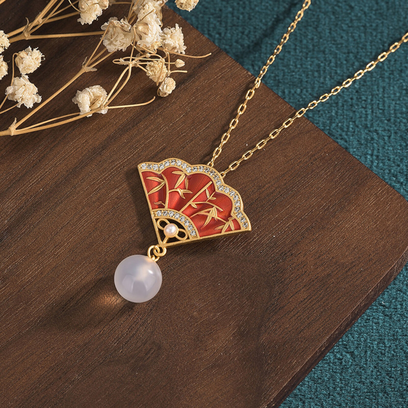 Jade Jewelry Cloisonne Fan Charm Pendant With Chain Necklace Gold Plated Gift