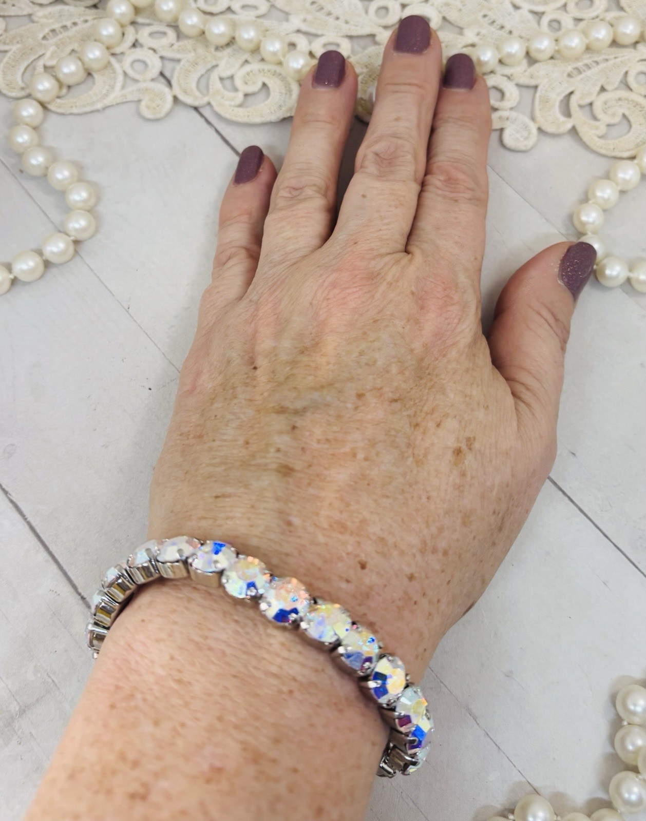 8mm Shiny Silver Plated Crystal AB Stretch Cup Chain Bracelet