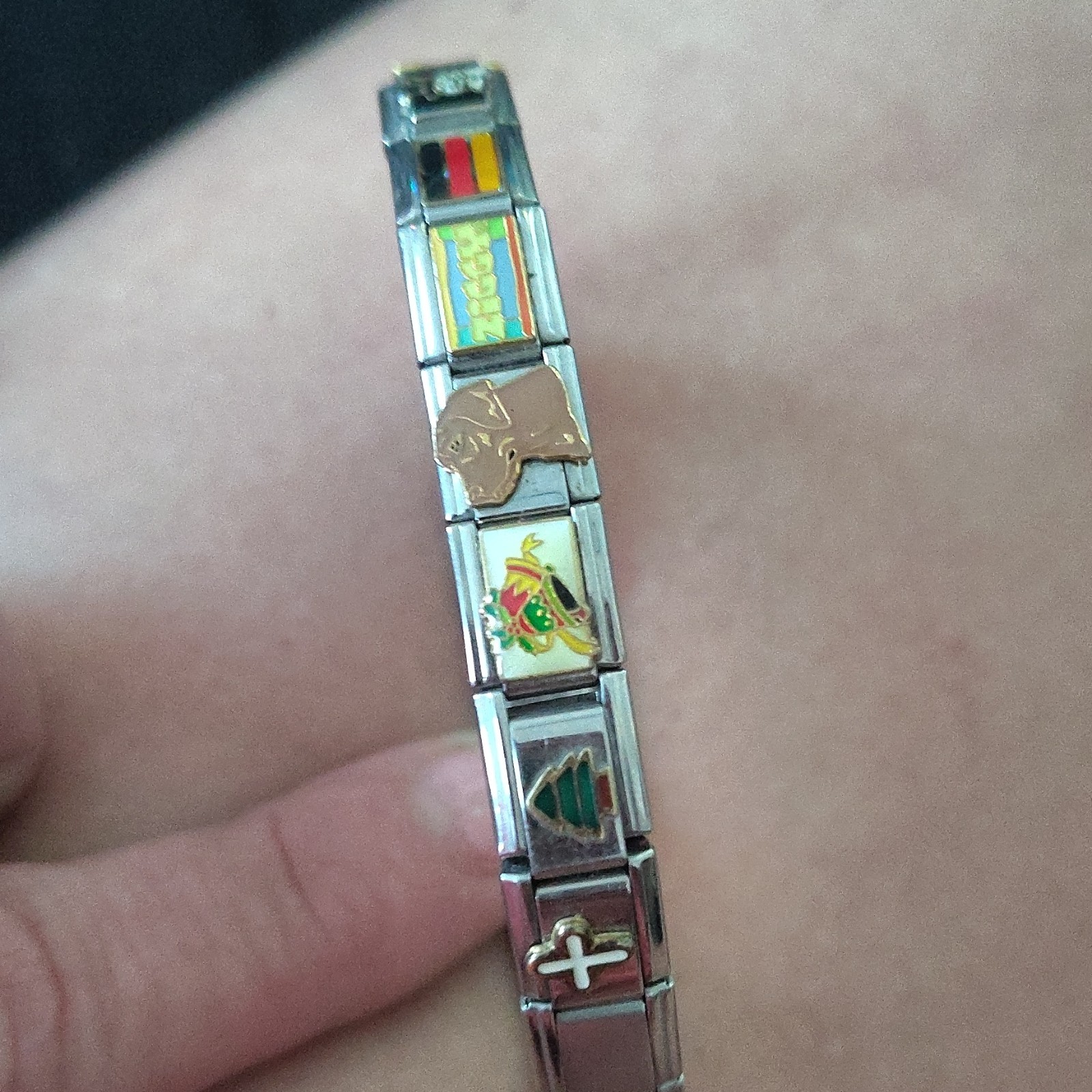 Italian Modular Charm Link Bracelet, Silver Tone Stainless Steel, Fold Over