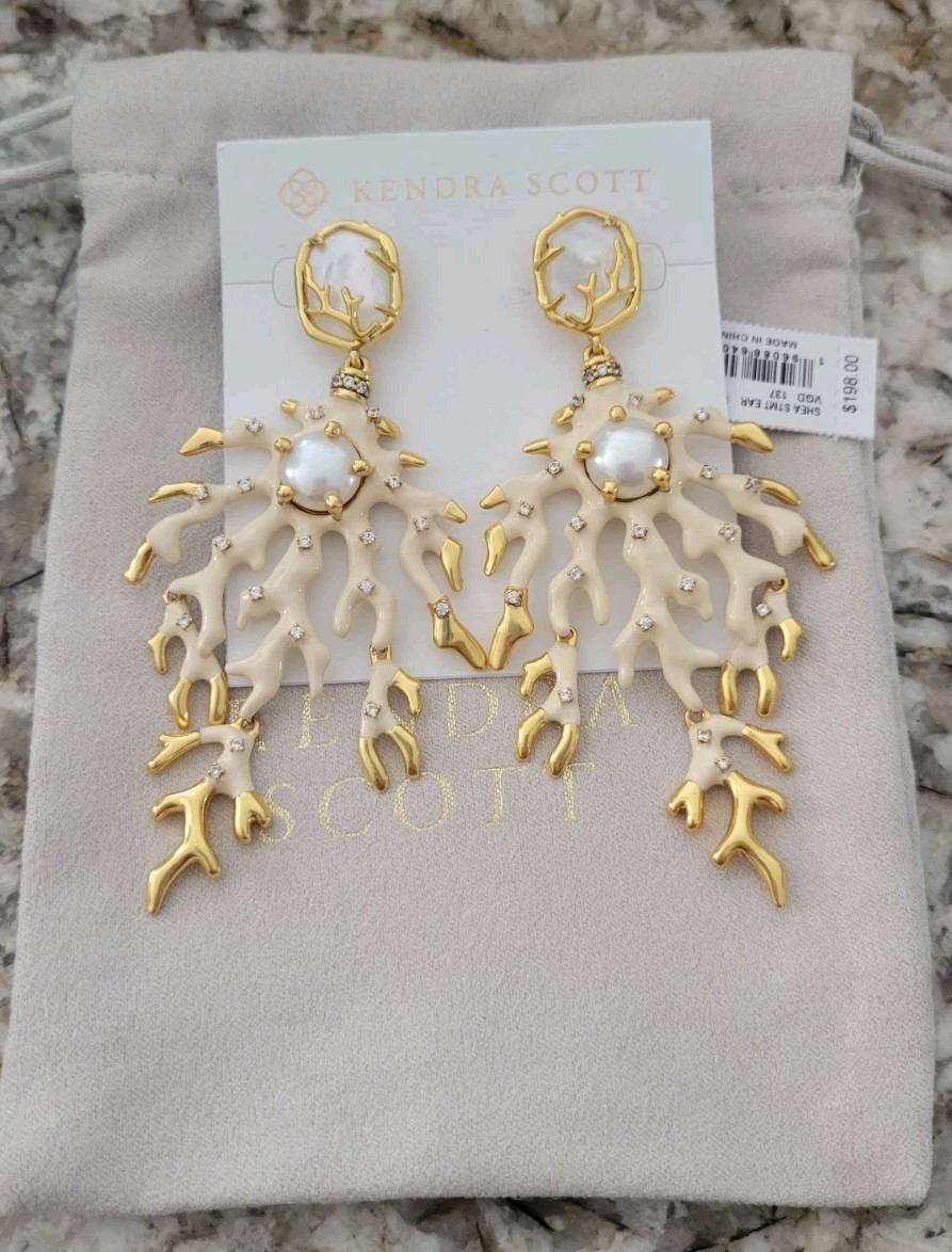 Kendra Scott Shea Statement Earrings Vinta Gold White Mix Pearl NWT $198 Pouch