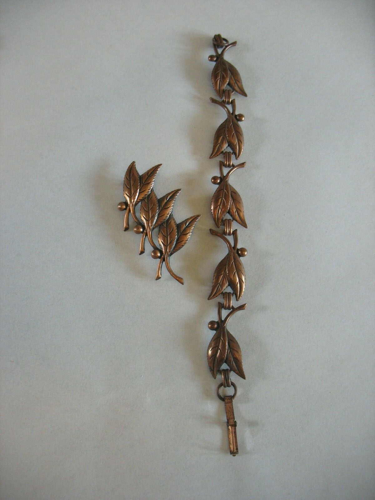 Mid 20th century Solid copper pin brooch & bracelet set Leaves berries embossed