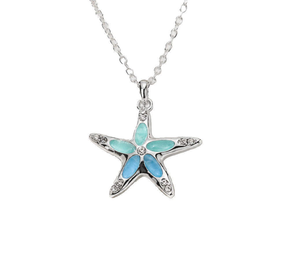 Silver Tone Blue Starfish Pendant Necklace Coastal Beach Jewelry 18″