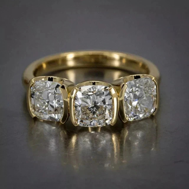 3Ct Cushion Cut Lab Created Diamond 3 Stones Women’s Ring 14K Yellow Gold Plated