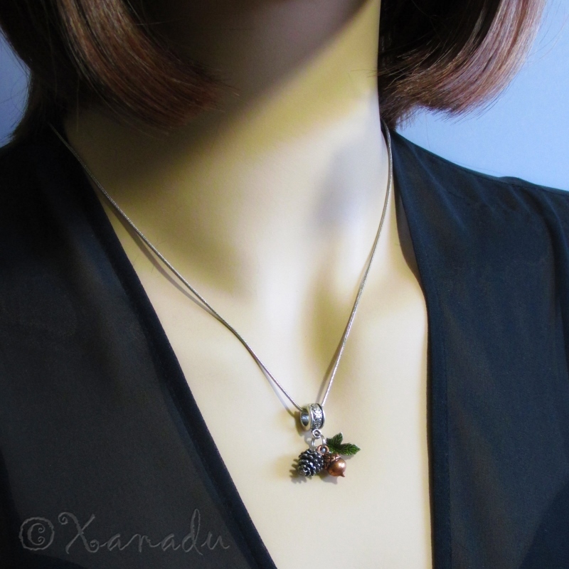 Autumn Fall Pendant Necklace With Silver Pine Cone, Copper Acorn And Green Leaf