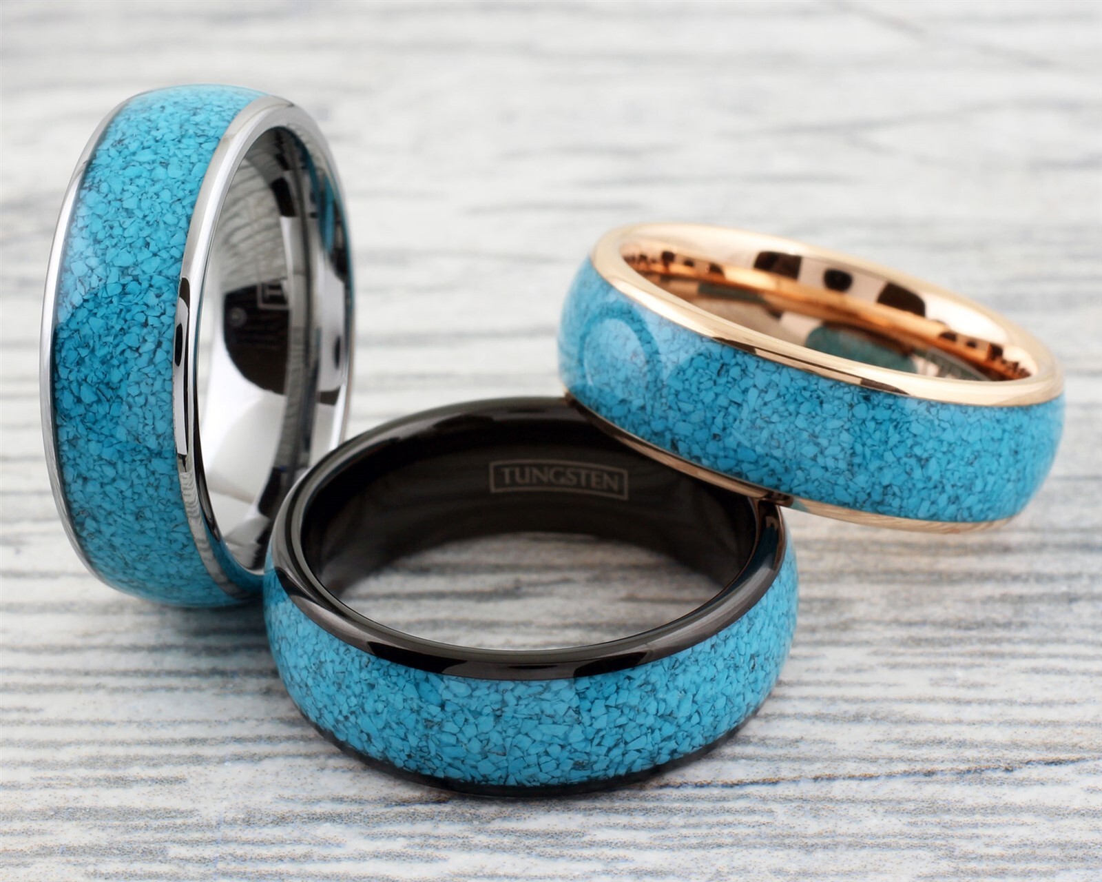 8mm Silver, Black or Rose Gold Plated Tungsten w/ Crushed Turquoise Men’s Ring