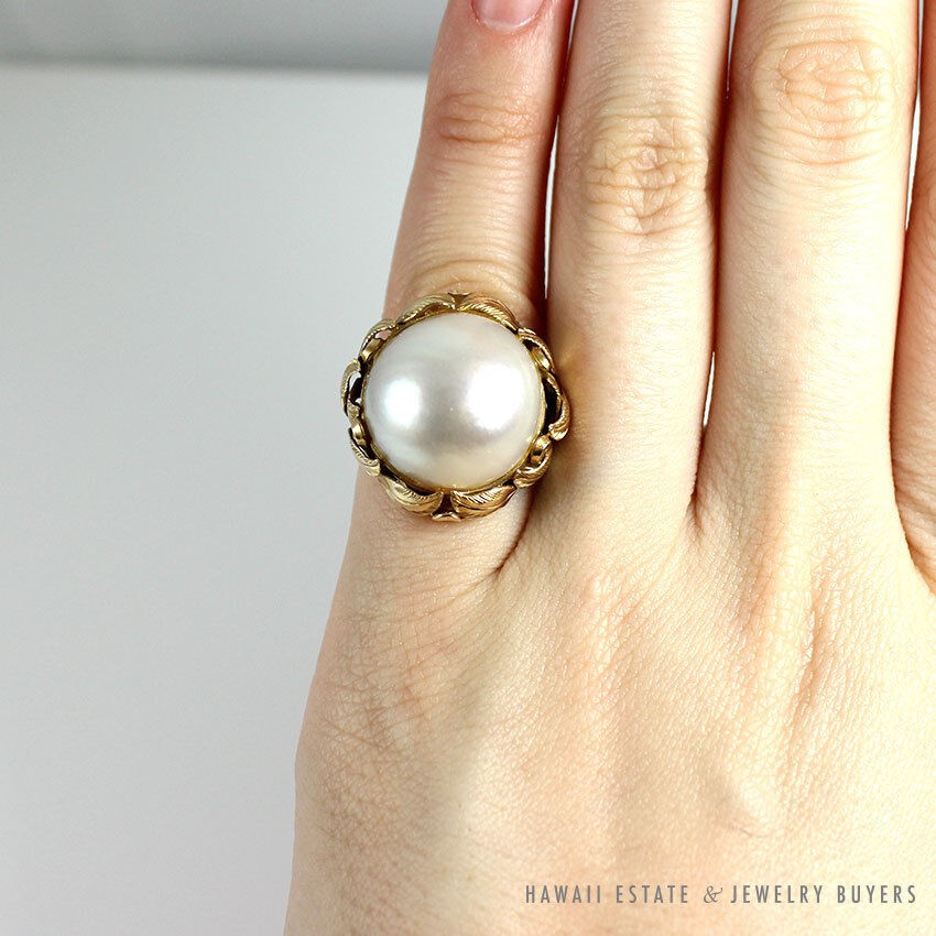 Ming’s Hawaii Mabe Pearl 16.6mm 14K Yellow Gold Ring Size 4-5
