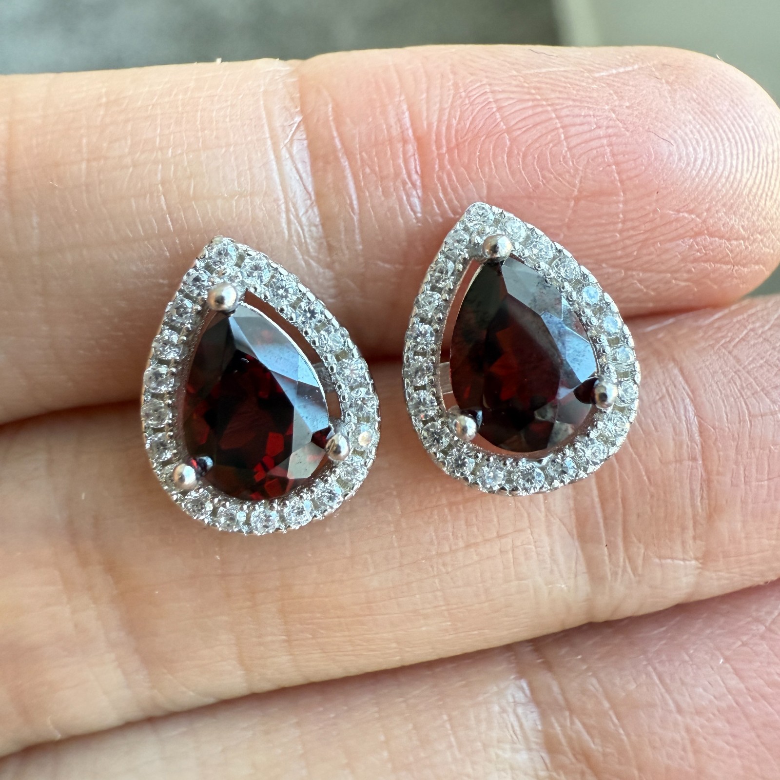 925 Sterling Silver Earrings 7x5mm Rhodolite Garnet Zircon Teardrop Handmade Red