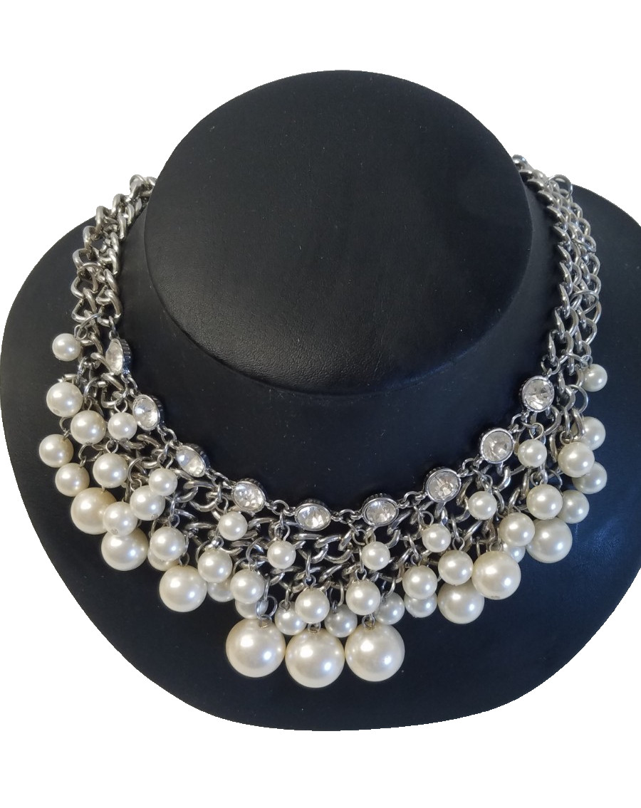 Faux Pearl Bib Necklace 19″ Silver Metal Chain Drape Evening Wear 3390