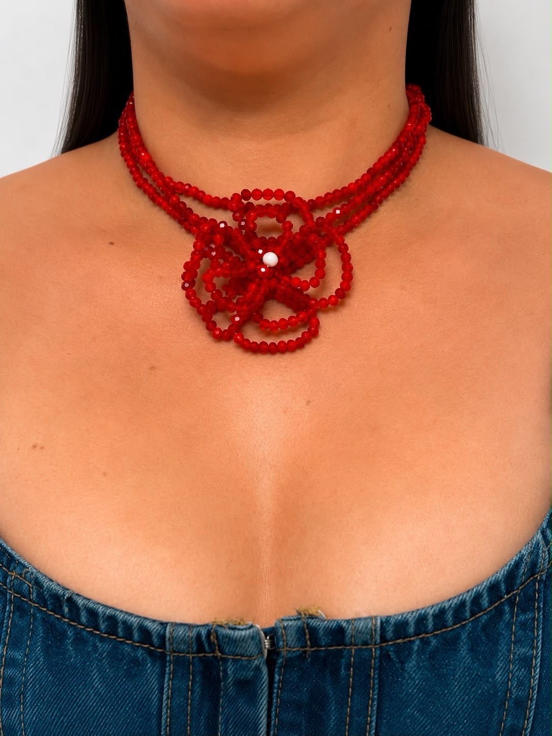Red Beaded Flower Pendant Choker Necklace with Long Drop Dangle, White Accents