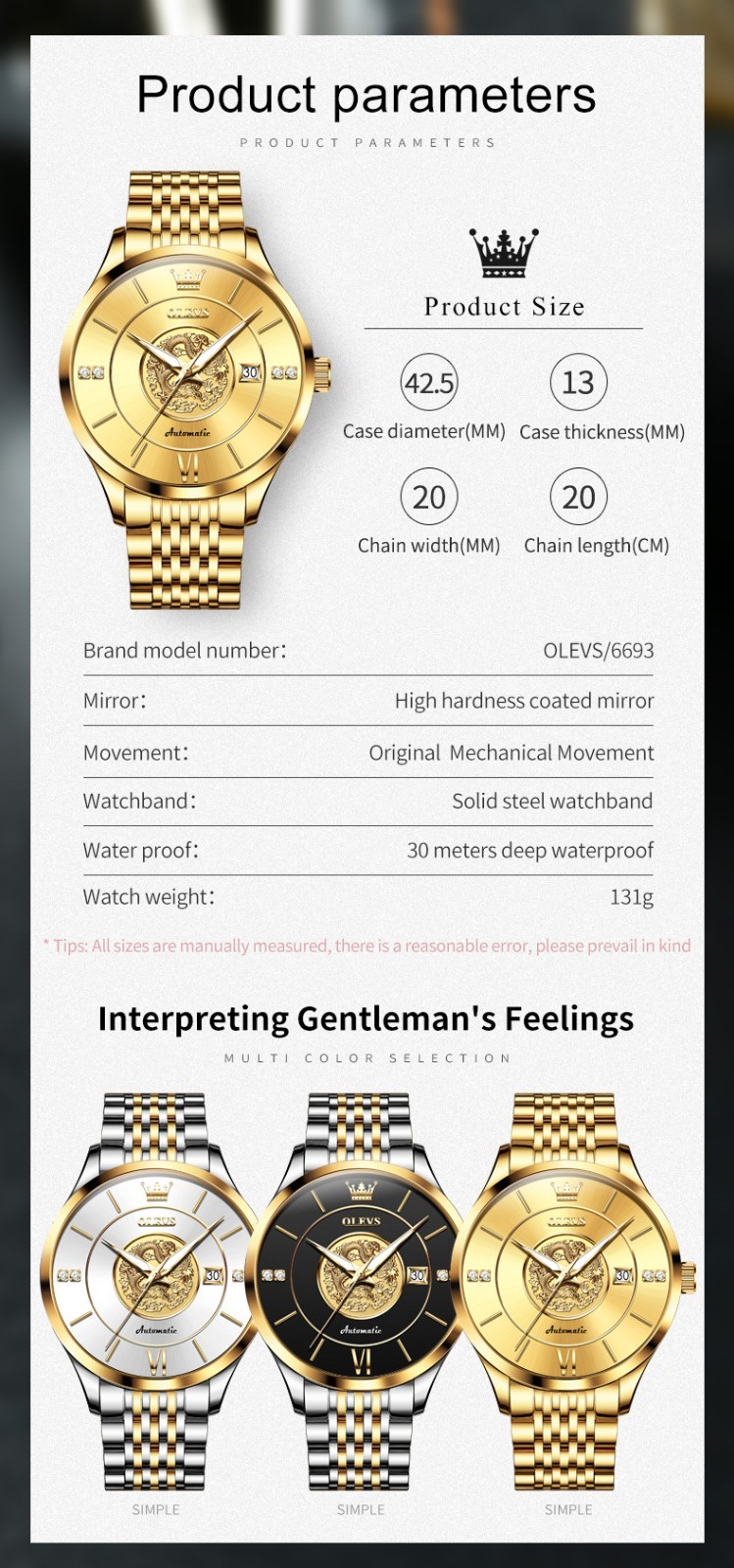 OLEVS 6693 Stylish Multi-functiom Dragon Dial Gents Formal Mechanical Watch