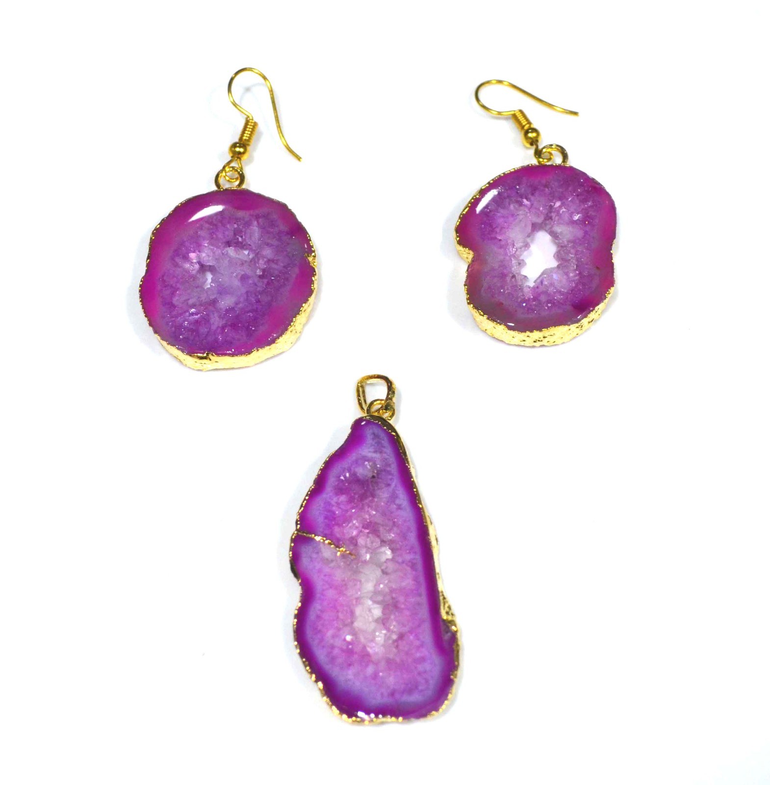130 Ct. Gold Electro Plated Pink Agate Gemstone Pendant Earrings Set-A588