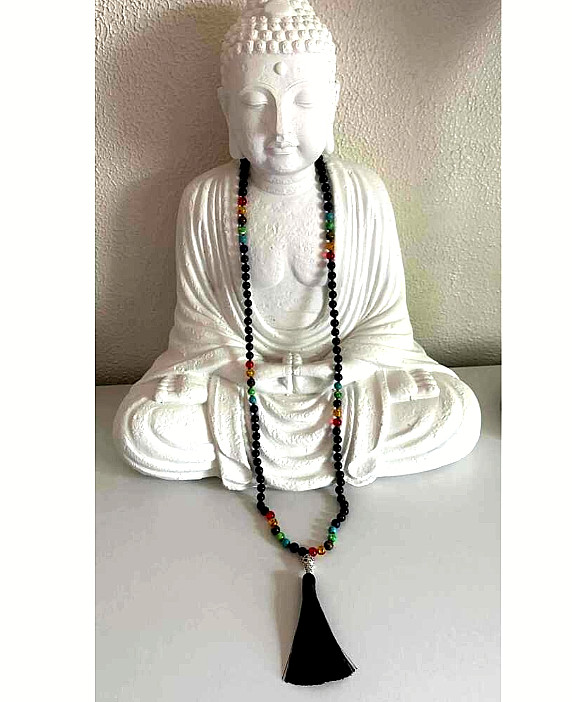 108 Bead Mala Onyx, Tigers Eye, Lapis & Tassel Necklace – 24″ *NEW*