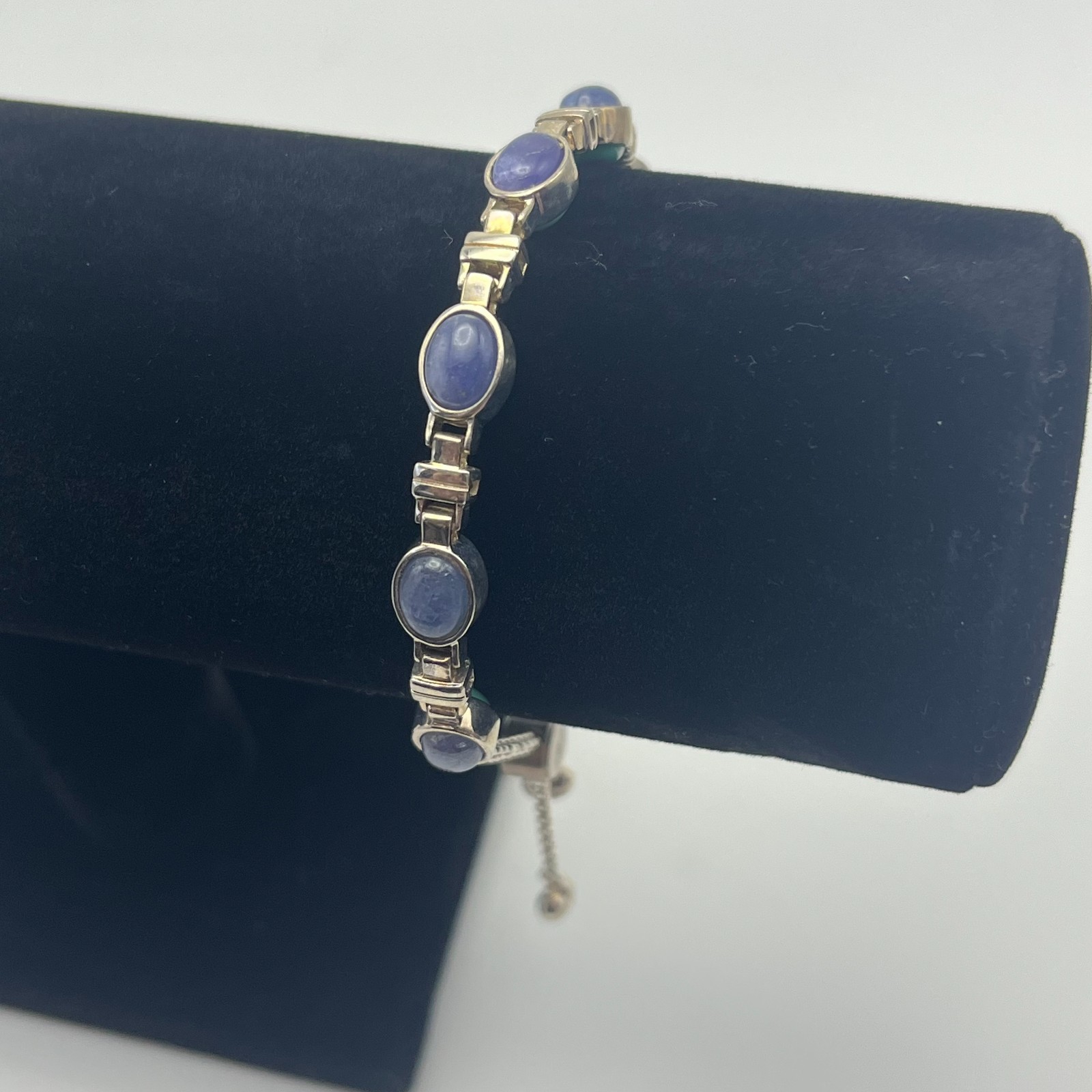 Vintage Blue & Green Cabochon Link Bracelet Silver Tone Adjustable Bolo 14.63g