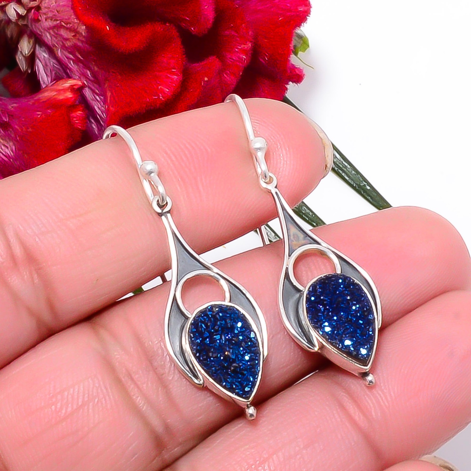 Electric Blue Titanium Agate Drusy 925 Sterling Silver Earring 1.72″ Sku30