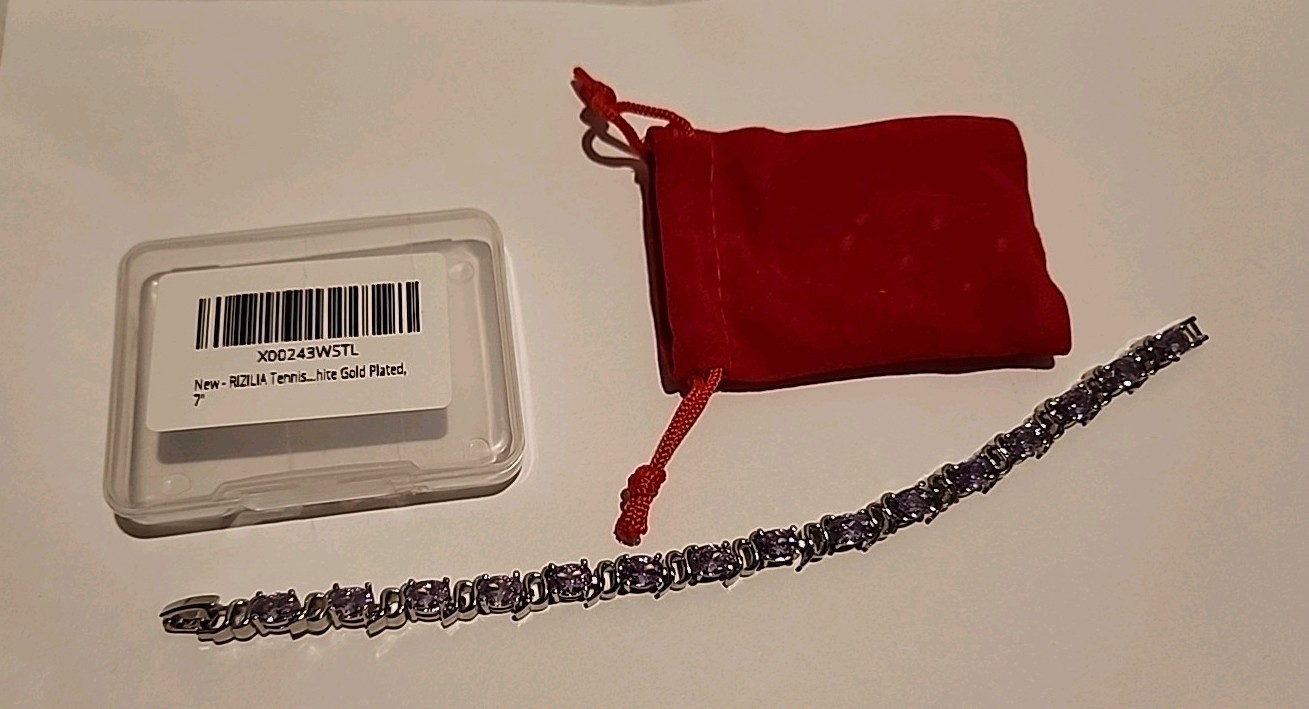 RIZILIA Gold Plated Silver With Pale Purple Stones Tennis Bracelet 7.5 Inch Long