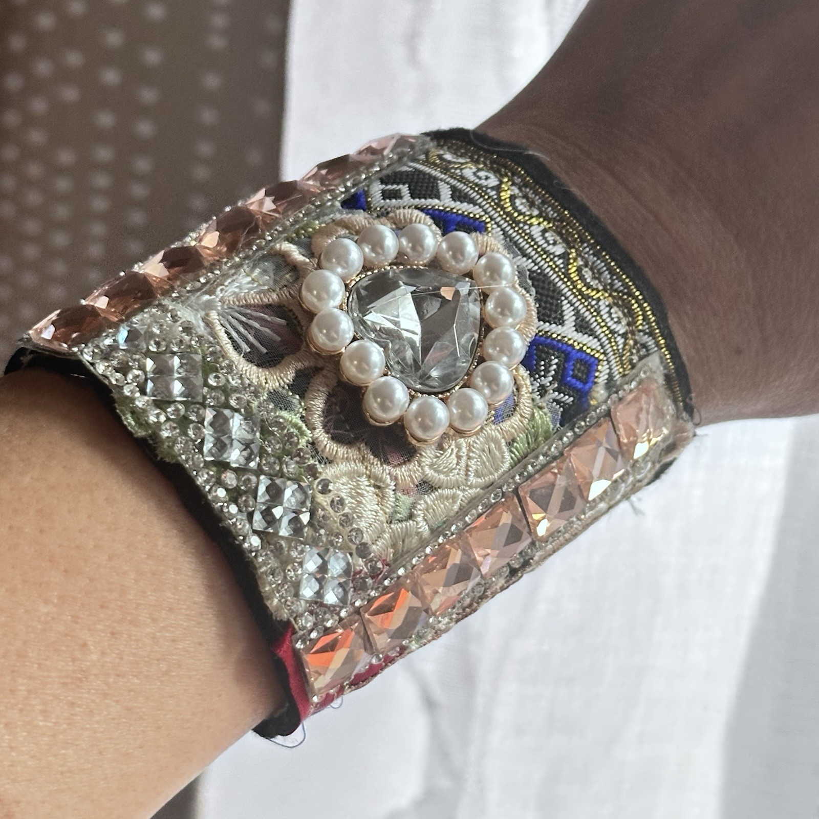 Handcrafted Artisan Cuff Bracelet Up Cycled Jewel Pearl Accent Fabric OOAK 7