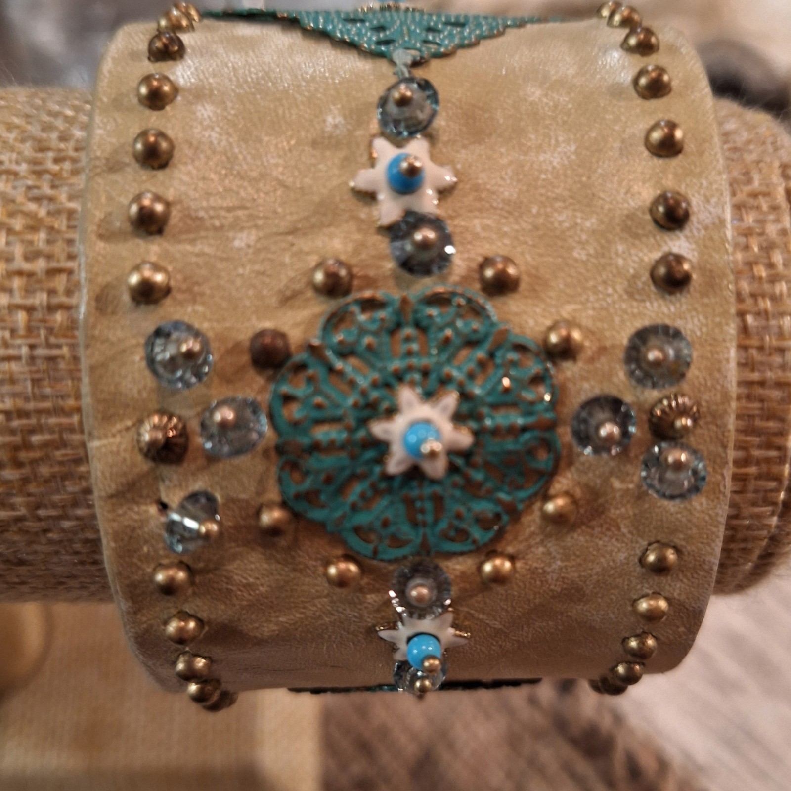 Western Embellished Leather Cuff Crystal,Metal,Enamel Embellishments 2″ wide