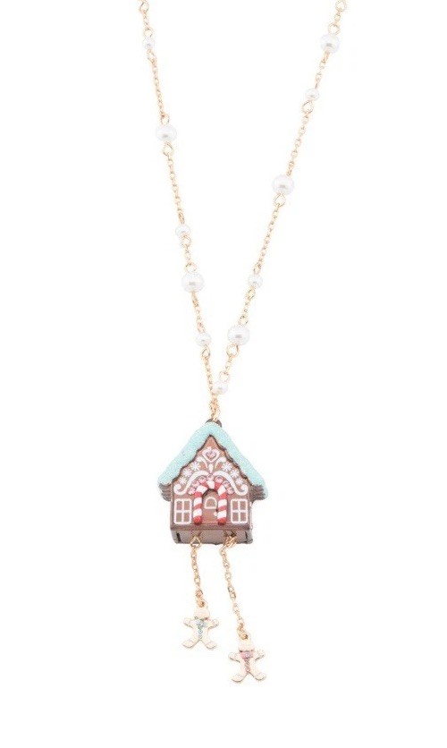 Betsey Johnson Gingerbread Necklace NEW House Dangly Pendant 28 inch in Gift Box
