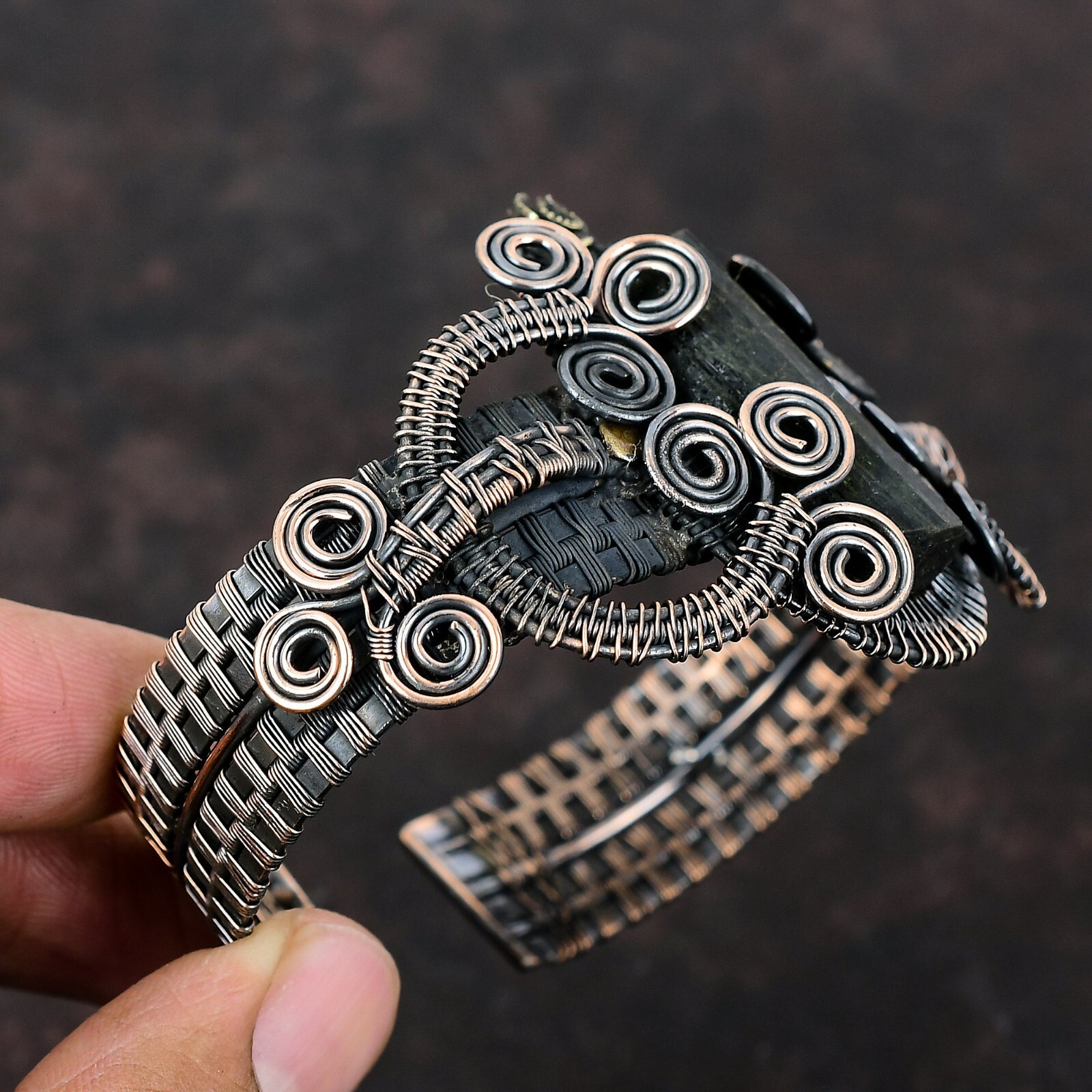 Black Tourmaline Rough Wire Wrapped Adjustable Cuff Handcrafted Copper Ethnic