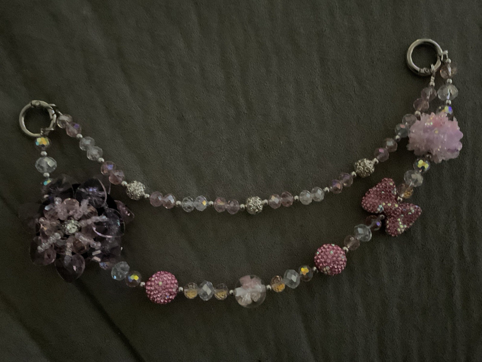 Pink Purple Beaded Crystal Necklace, Round Crystal & Rhinestone Flower Charm