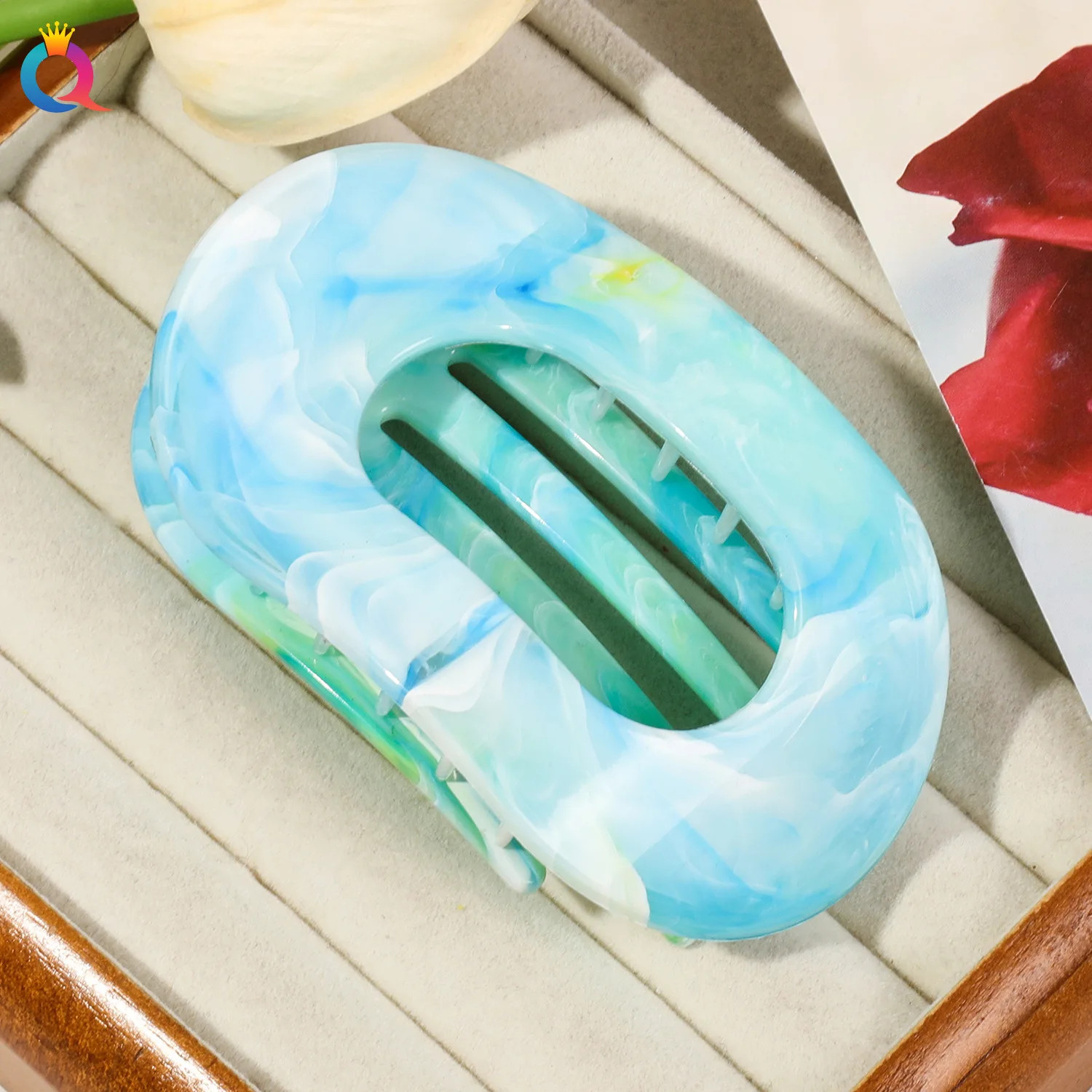Oval Hair Claw Acrylic Marbling Flat Circular Grip Colorful Updo Women Headwear