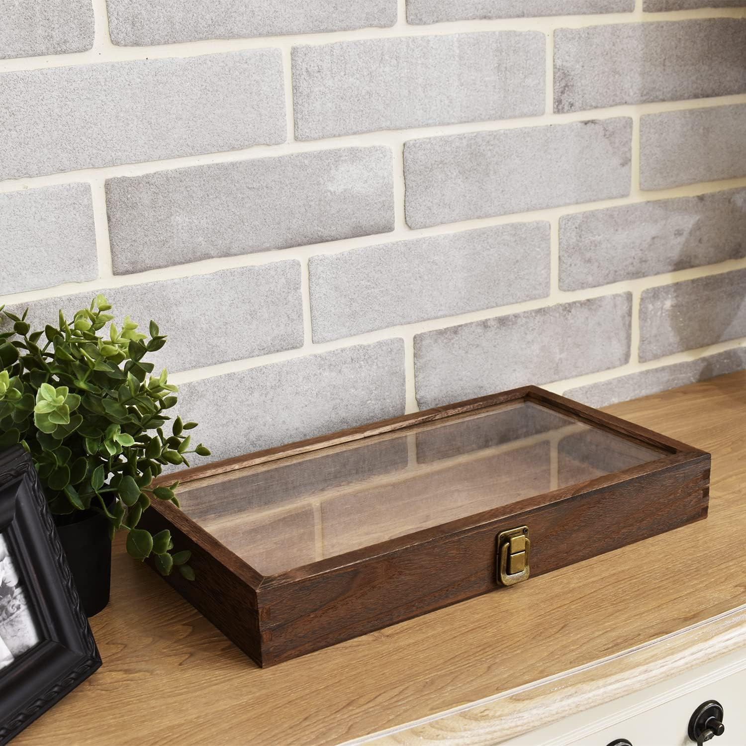 Natural Wood Tempered Glass Jewelry Display Case with Metal Clasp, Brown